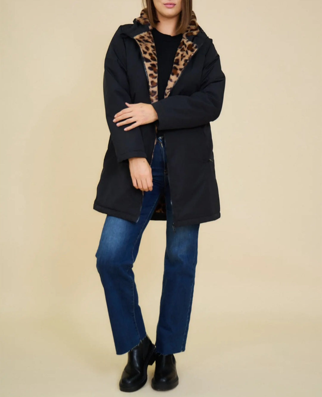 Parka mi longue fourrée léopard
